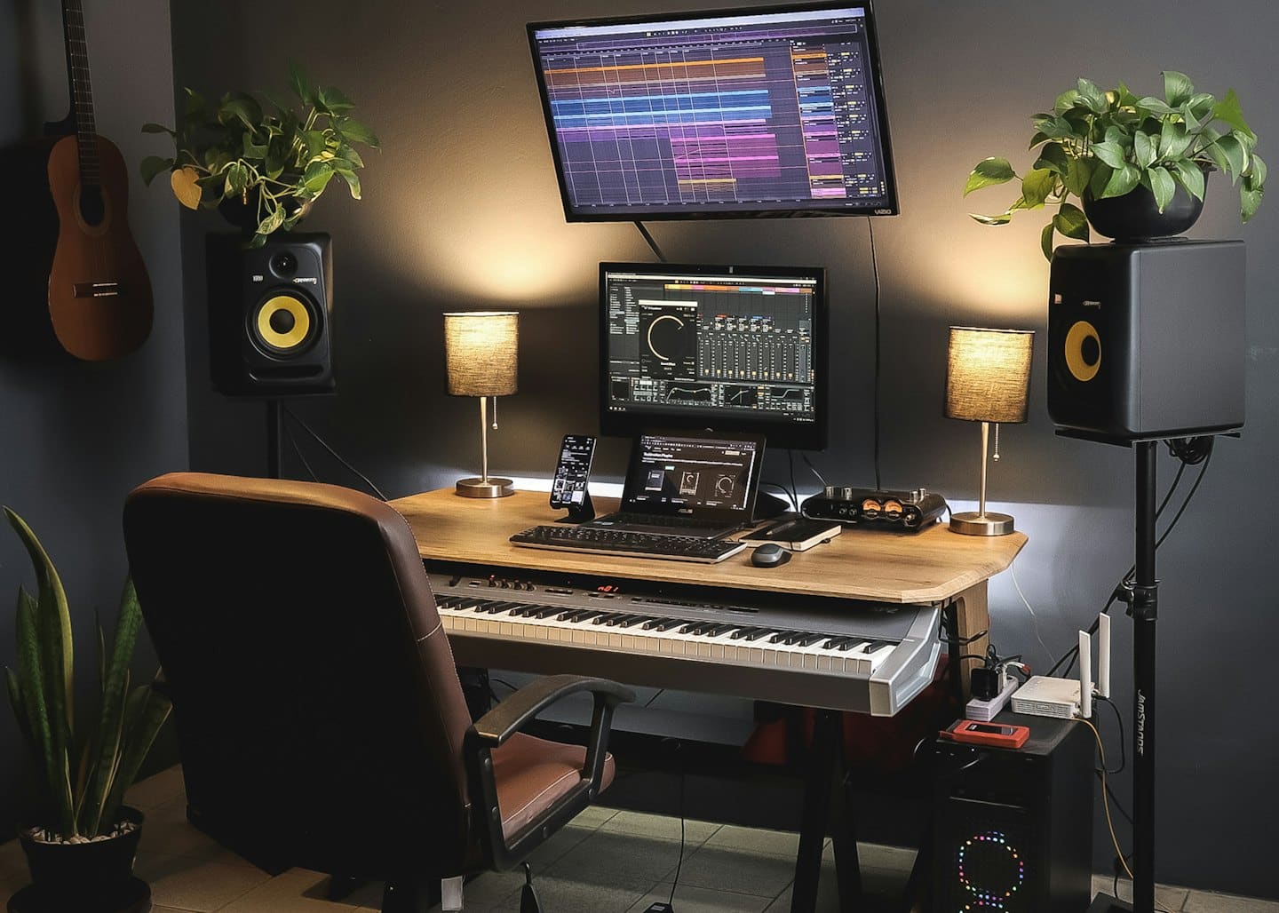 Professionelles Musikstudio mit Computermonitoren, Tastatur und Lautsprechern.